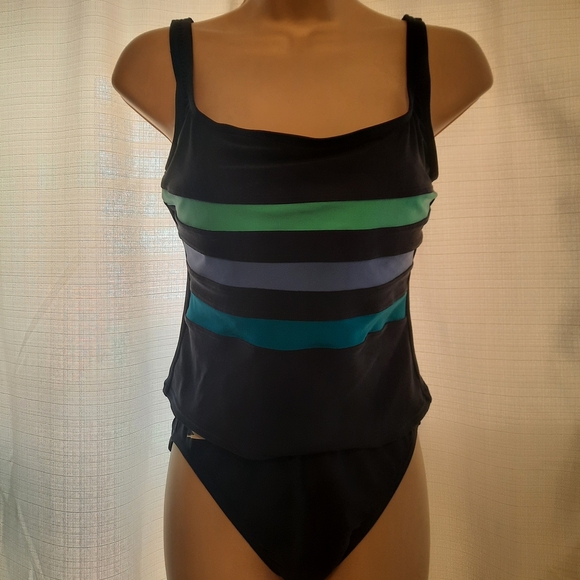 Striped Black and Green Women's Swimsuit - Picture 1 of 9